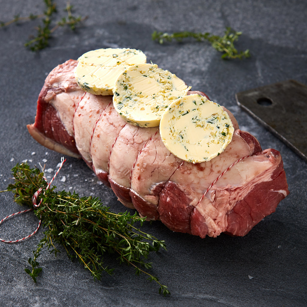 Rolled Beef Rump Roast, topped with a garlic butter $26.99kg